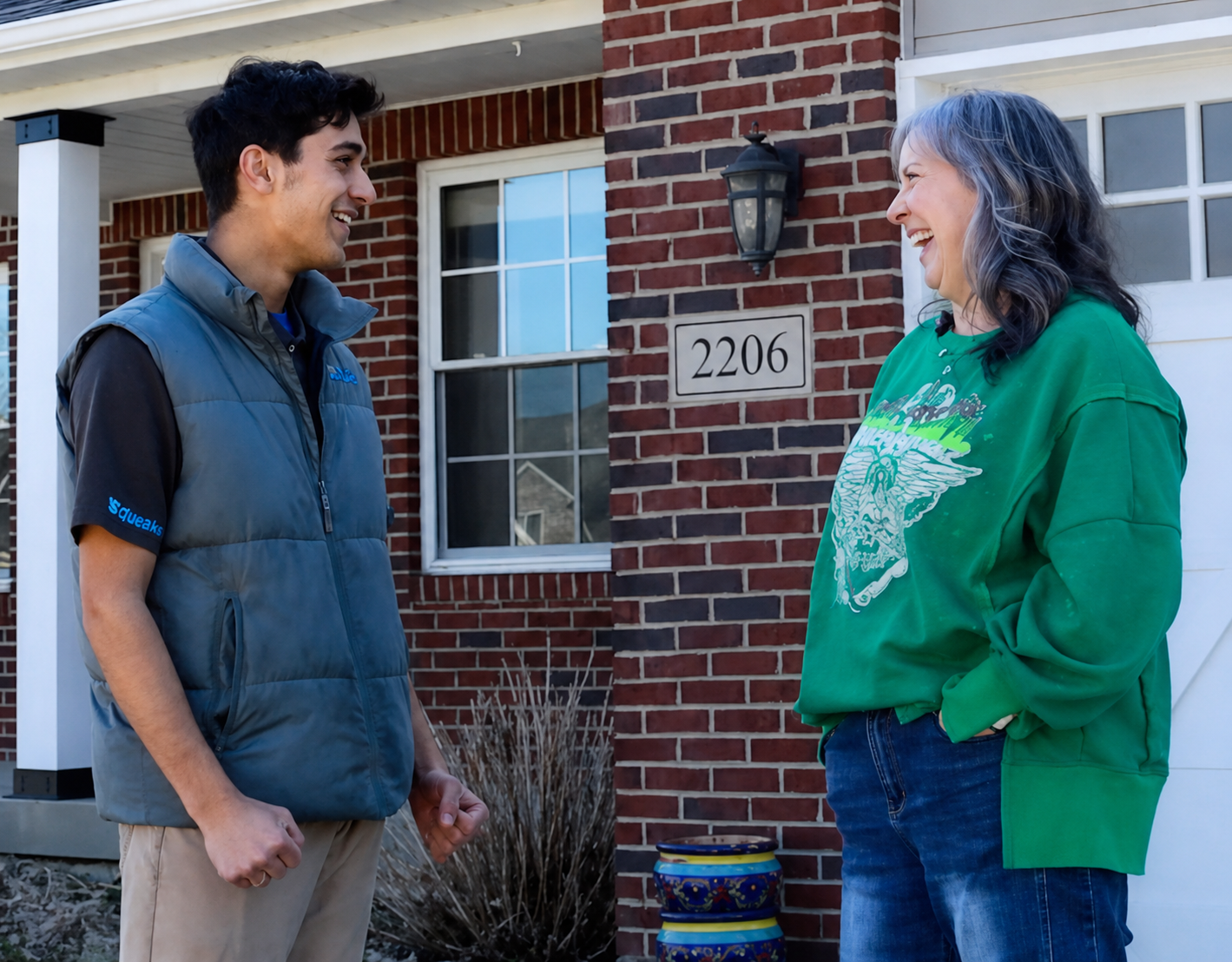 Squeaks team member having a friendly conversation with a homeowner on her front porch